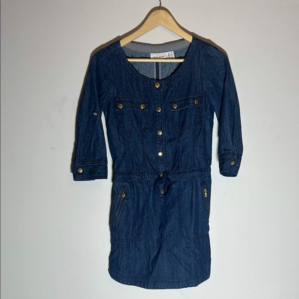 DKNY Jeans Womens XS‎ Blue Denim Utility Button Front Roll Tab Mini Dress Indigo